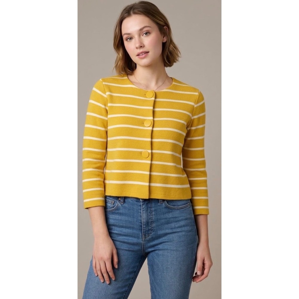 J.Crew Yellow White Striped Cotton Button Front Cardigan Sweater Size Large